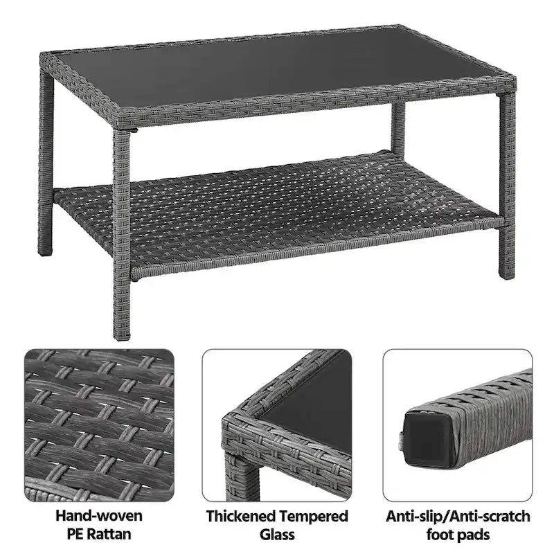 Table de patio Yaheetech en rotin tressé à 2 niveaux avec plateau en verre trempé