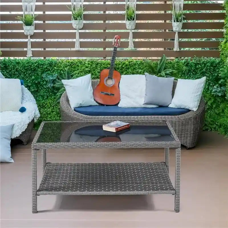 Table de patio Yaheetech en rotin tressé à 2 niveaux avec plateau en verre trempé