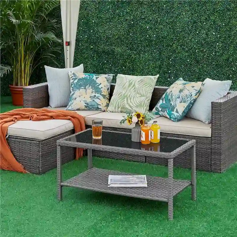 Table de patio Yaheetech en rotin tressé à 2 niveaux avec plateau en verre trempé