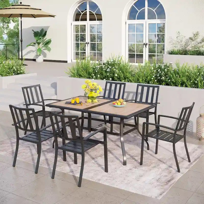 Ensemble de salle à manger de patio 7 pièces MAISON ARTS en faux bois/acier avec 6 chaises empilables