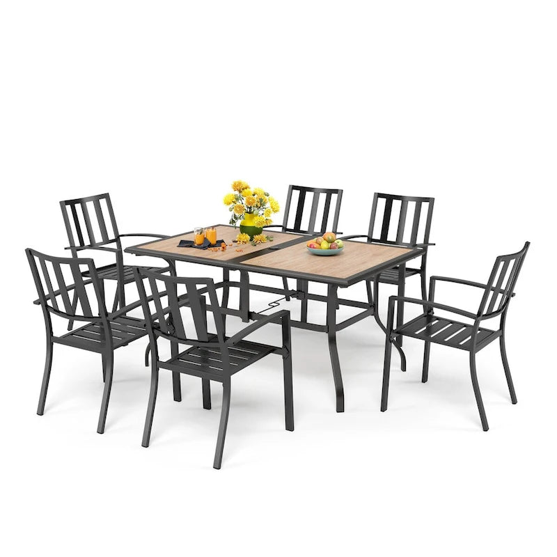 Ensemble de salle à manger de patio 7 pièces MAISON ARTS en faux bois/acier avec 6 chaises empilables