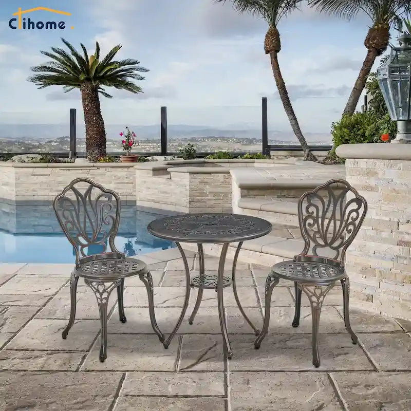 Ensemble table et chaises de bistro en aluminium moulé (3 pièces)