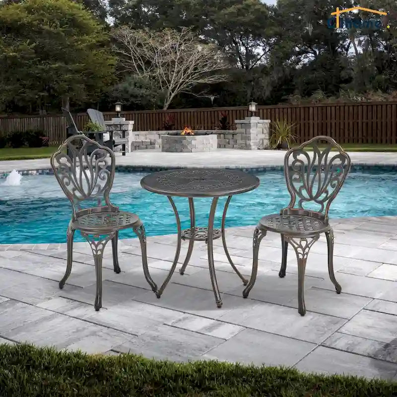 Ensemble table et chaises de bistro en aluminium moulé (3 pièces)