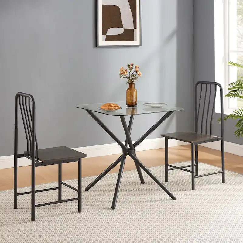 Ensemble de salle à manger pour 2 personnes : table carrée en verre trempé et 2 chaises en métal - Dimensions des chaises : 35,3 cm (L) x 38,9 cm (l) x 90,4 cm (H)
