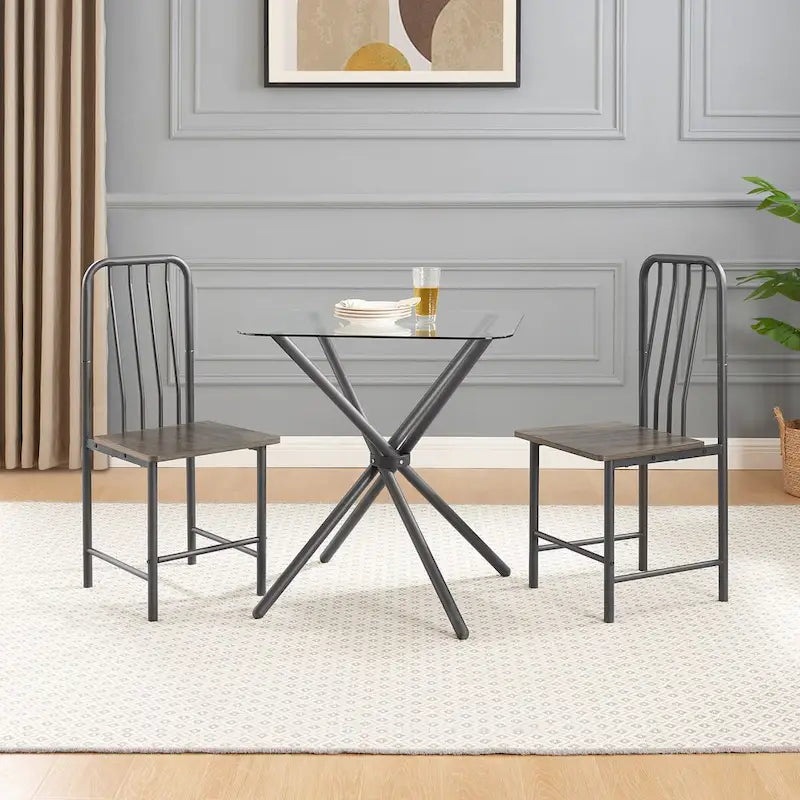 Ensemble de salle à manger pour 2 personnes : table carrée en verre trempé et 2 chaises en métal - Dimensions des chaises : 35,3 cm (L) x 38,9 cm (l) x 90,4 cm (H)
