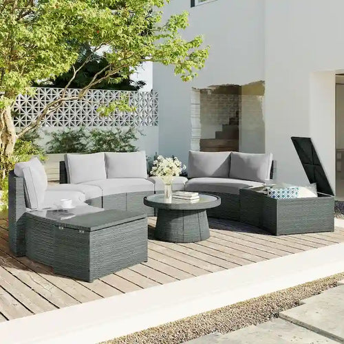 10-Piece Outdoor Rattan Sofa Set with Loveseats, Side Tables, Ottomans, and Storage Boxes, PE Wicker Patio Furniture Set