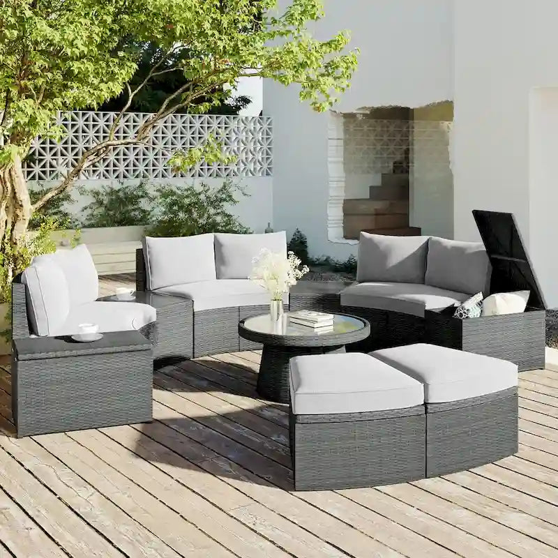 Ensemble de canapé d'extérieur en rotin 10 pièces avec causeuses, tables d'appoint, poufs et coffres de rangement, ensemble de meubles de patio en résine tressée PE