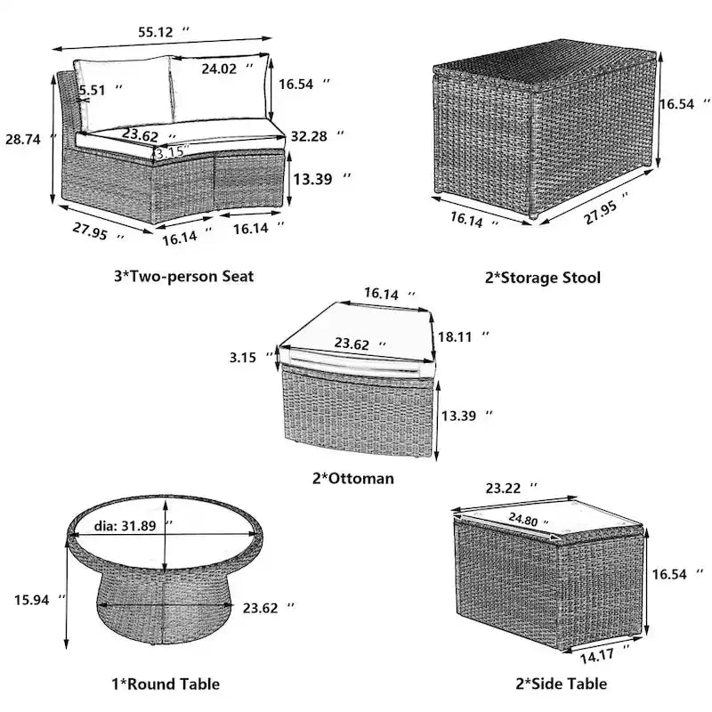 Ensemble de canapé d'extérieur en rotin 10 pièces avec causeuses, tables d'appoint, poufs et coffres de rangement, ensemble de meubles de patio en résine tressée PE