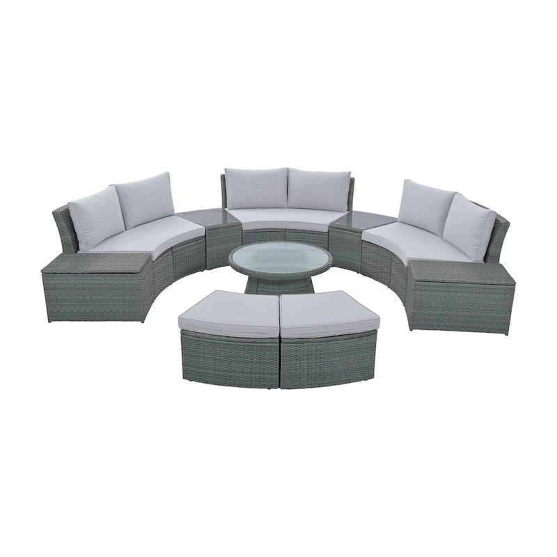 Ensemble de canapé d'extérieur en rotin 10 pièces avec causeuses, tables d'appoint, poufs et coffres de rangement, ensemble de meubles de patio en résine tressée PE