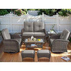 Patio Glider Loveseat Coffee Table, Swivel Chair and Ottomans - Brown