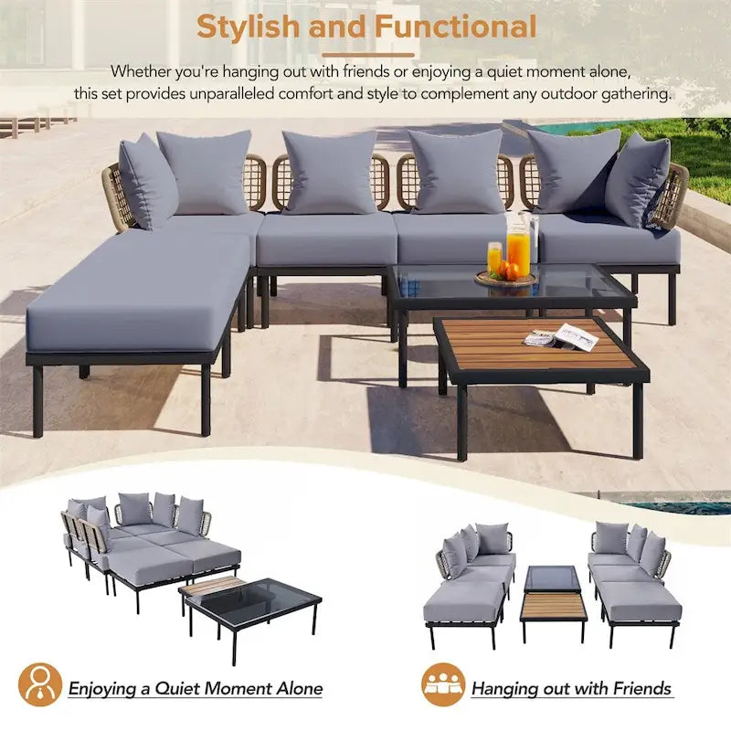 Ensemble de canapé d'angle 8 pièces pour patio avec table basse