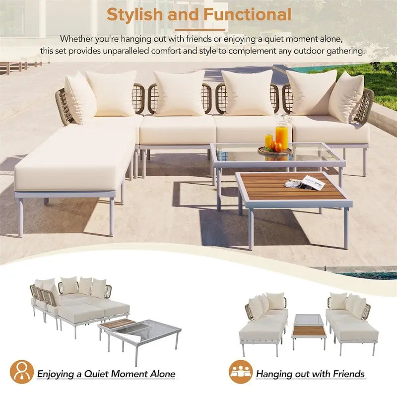 Ensemble de canapé d'angle 8 pièces pour patio avec table basse