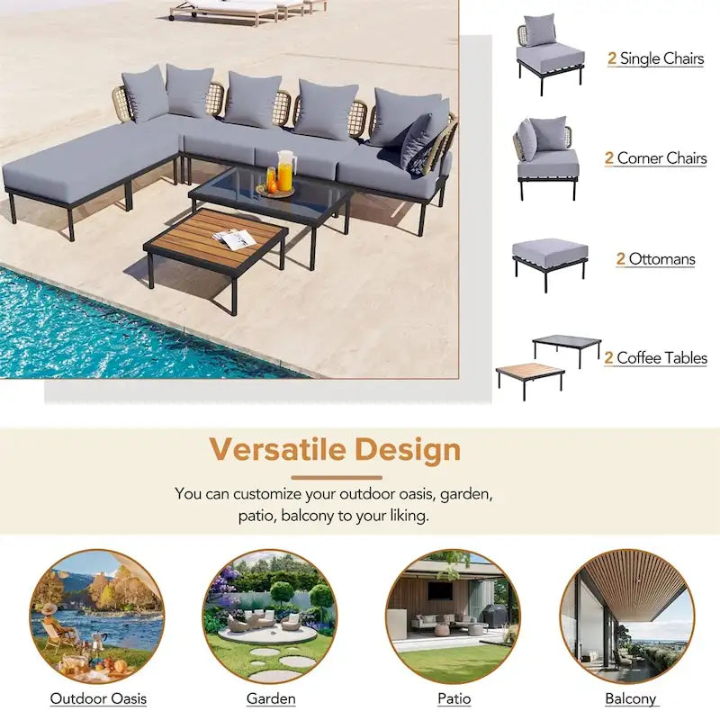 Ensemble de canapé d'angle 8 pièces pour patio avec table basse