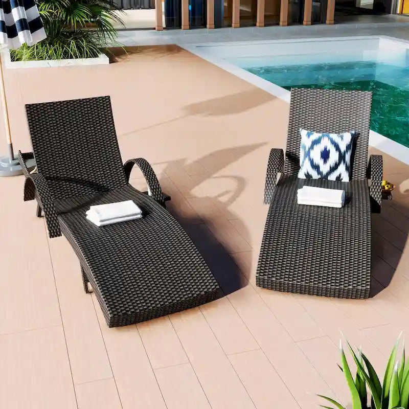 80  Outdoor Wicker Chaise Lounge Chairs Set of 2, Patio Rattan Reclining Chair Pull-out Side Table Adjustable Backrest
