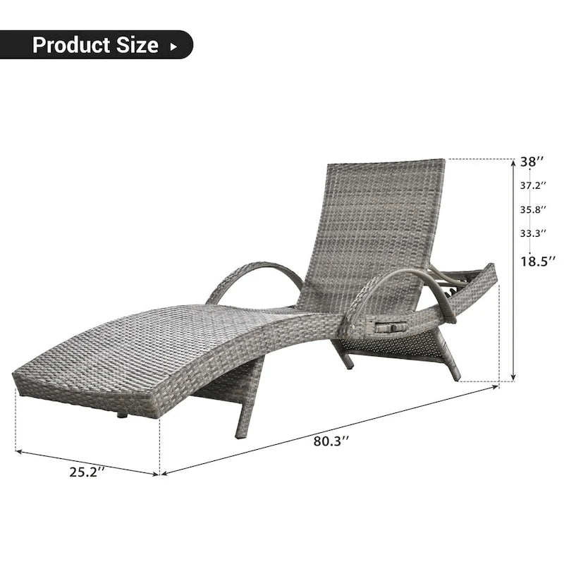 Ensemble de 2 chaises longues d'extérieur en résine tressée, fauteuil inclinable en rotin pour terrasse avec table d'appoint coulissante et dossier réglable.