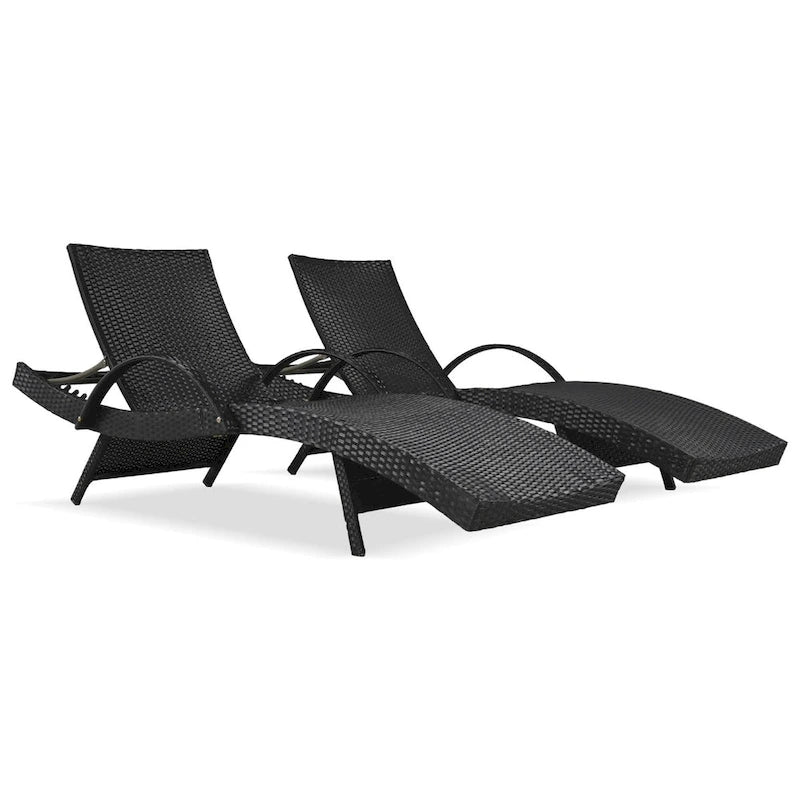Ensemble de 2 chaises longues d'extérieur en résine tressée, fauteuil inclinable en rotin pour terrasse avec table d'appoint coulissante et dossier réglable.
