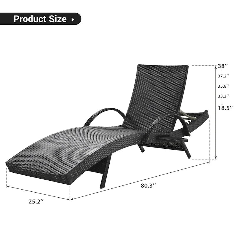 Ensemble de 2 chaises longues d'extérieur en résine tressée, fauteuil inclinable en rotin pour terrasse avec table d'appoint coulissante et dossier réglable.