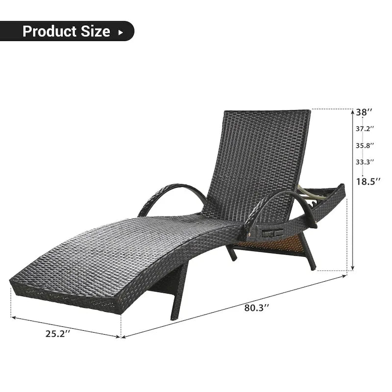 Ensemble de 2 chaises longues d'extérieur en résine tressée, fauteuil inclinable en rotin pour terrasse avec table d'appoint coulissante et dossier réglable.
