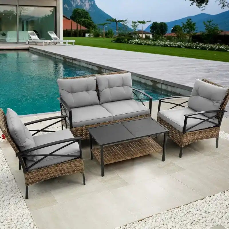 Outdoor 4 piece Rattan Wicker Conversation Sofa Set with Cushion