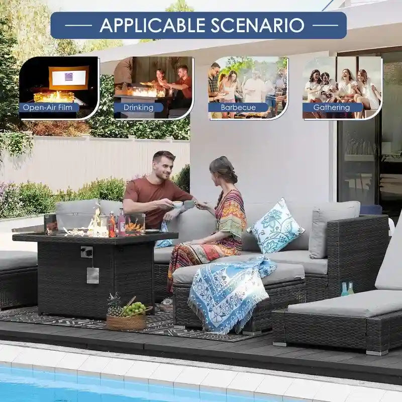 Ensemble de canapé d'angle en résine tressée 7 pièces FINCATI avec table foyer