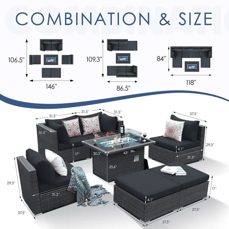 Ensemble de canapé d'angle en résine tressée 7 pièces FINCATI avec table foyer