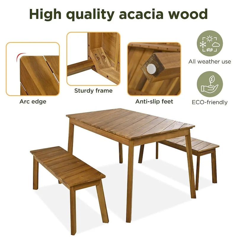 Ensemble de salle à manger d'extérieur 3 pièces en bois d'acacia comprenant une table, un banc et 2 bancs.