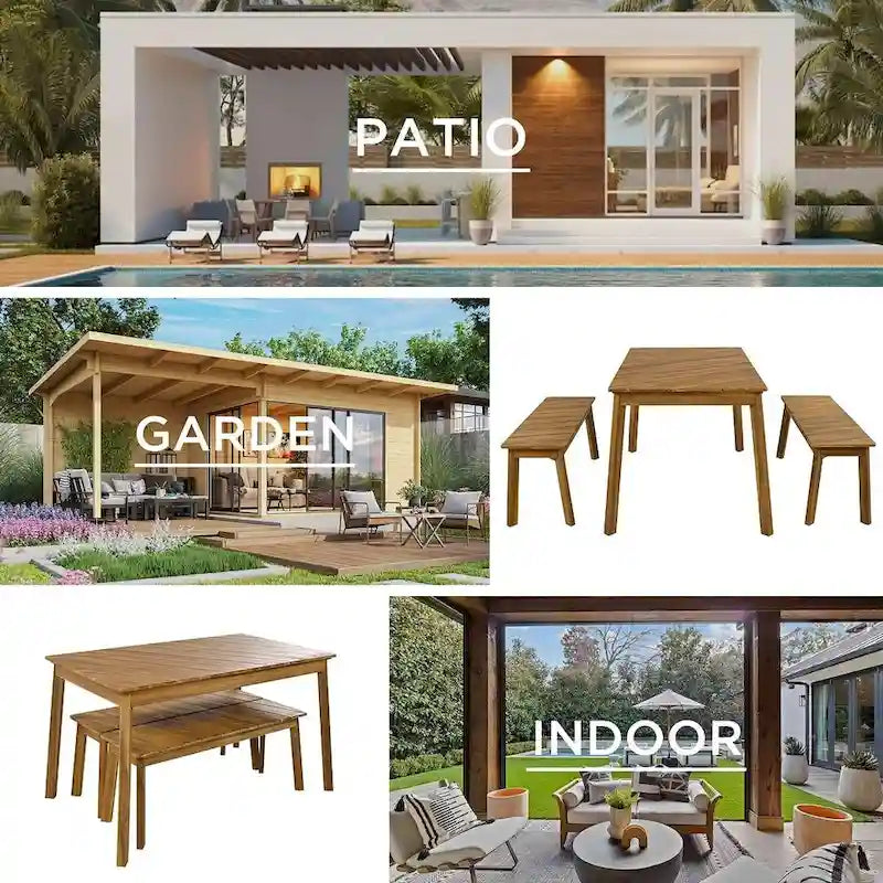 Ensemble de salle à manger d'extérieur 3 pièces en bois d'acacia comprenant une table, un banc et 2 bancs.