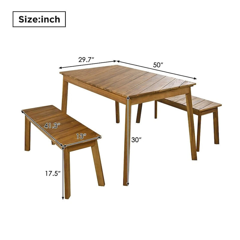 Ensemble de salle à manger d'extérieur 3 pièces en bois d'acacia comprenant une table, un banc et 2 bancs.