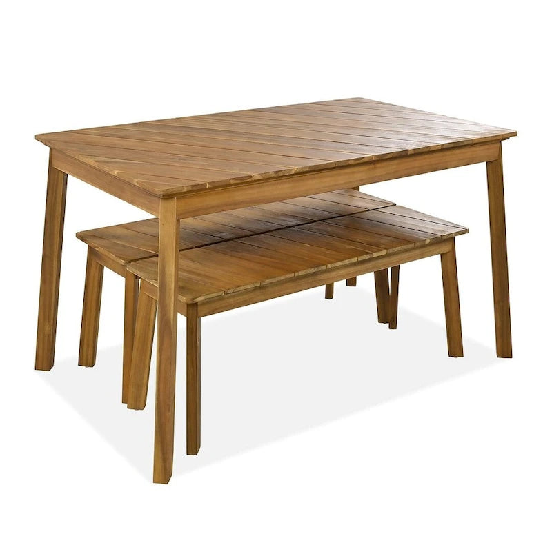 Ensemble de salle à manger d'extérieur 3 pièces en bois d'acacia comprenant une table, un banc et 2 bancs.