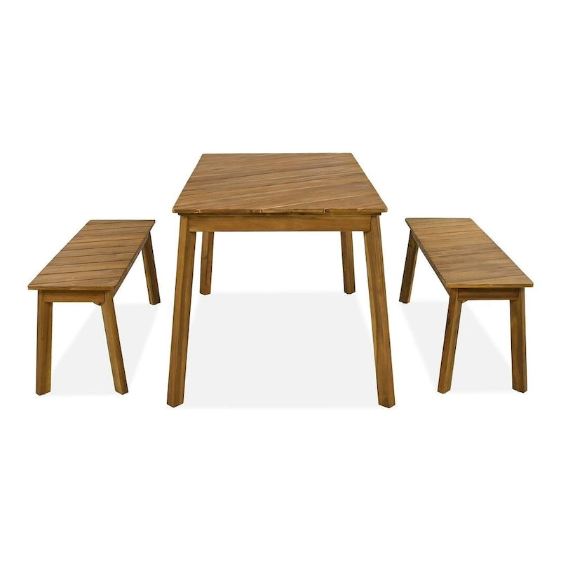 Ensemble de salle à manger d'extérieur 3 pièces en bois d'acacia comprenant une table, un banc et 2 bancs.