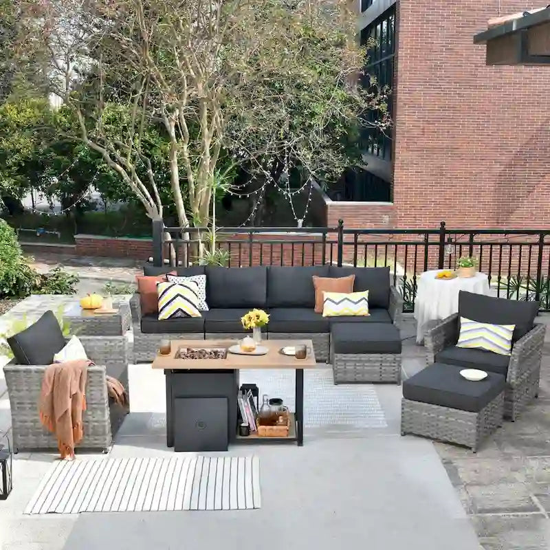 Ensemble de mobilier de jardin HOOOWOOO 10 pièces en osier gris avec foyer