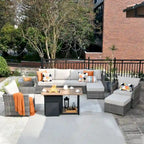 Ensemble de mobilier de jardin HOOOWOOO 10 pièces en osier gris avec foyer