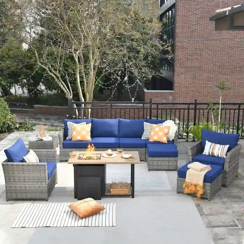 Ensemble de mobilier de jardin HOOOWOOO 10 pièces en osier gris avec foyer