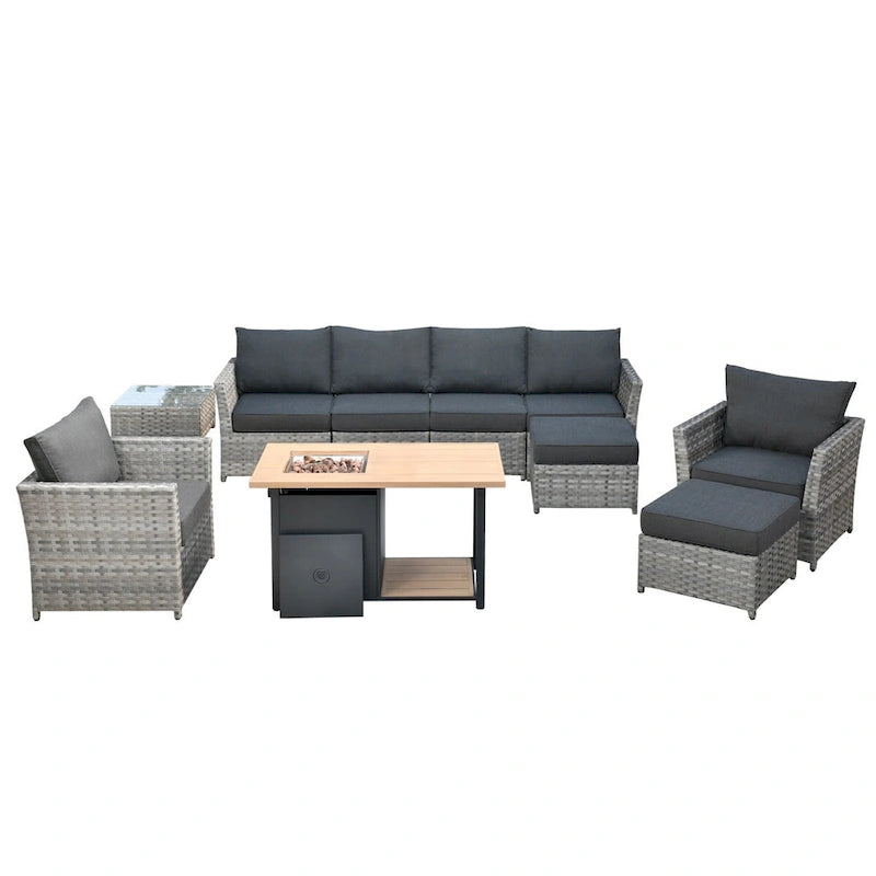 Ensemble de mobilier de jardin HOOOWOOO 10 pièces en osier gris avec foyer