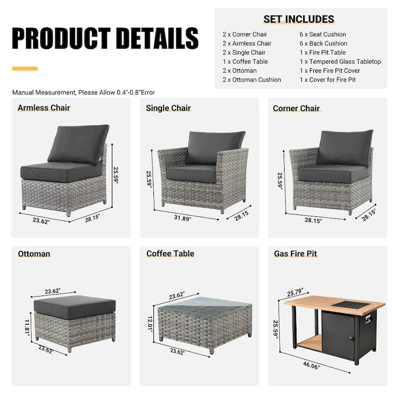 Ensemble de mobilier de jardin HOOOWOOO 10 pièces en osier gris avec foyer