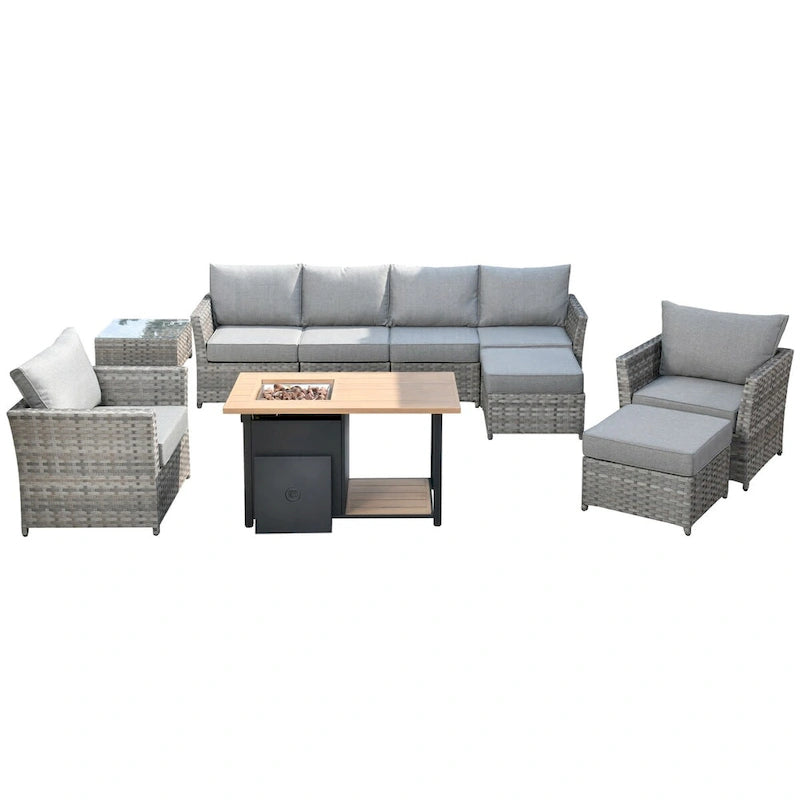 Ensemble de mobilier de jardin HOOOWOOO 10 pièces en osier gris avec foyer