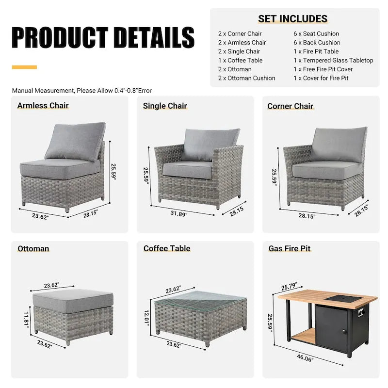 Ensemble de mobilier de jardin HOOOWOOO 10 pièces en osier gris avec foyer