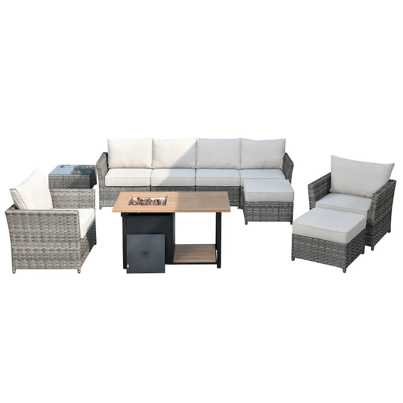 Ensemble de mobilier de jardin HOOOWOOO 10 pièces en osier gris avec foyer