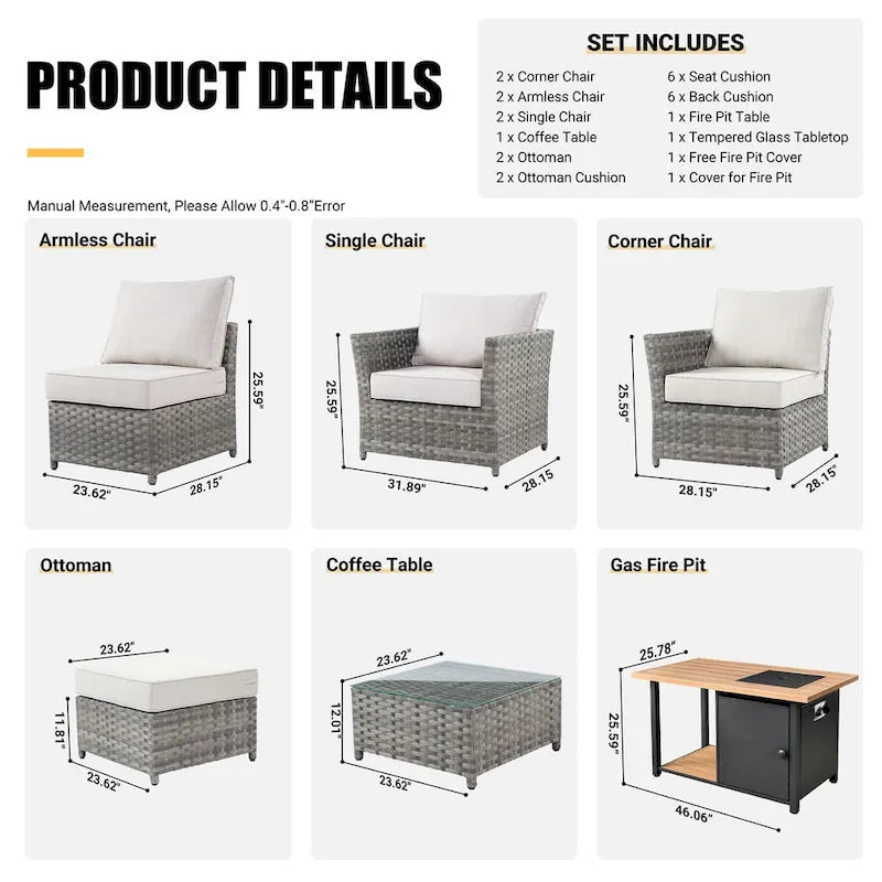 Ensemble de mobilier de jardin HOOOWOOO 10 pièces en osier gris avec foyer