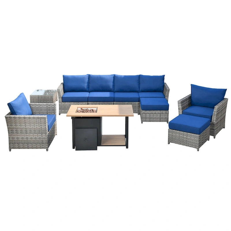 Ensemble de mobilier de jardin HOOOWOOO 10 pièces en osier gris avec foyer