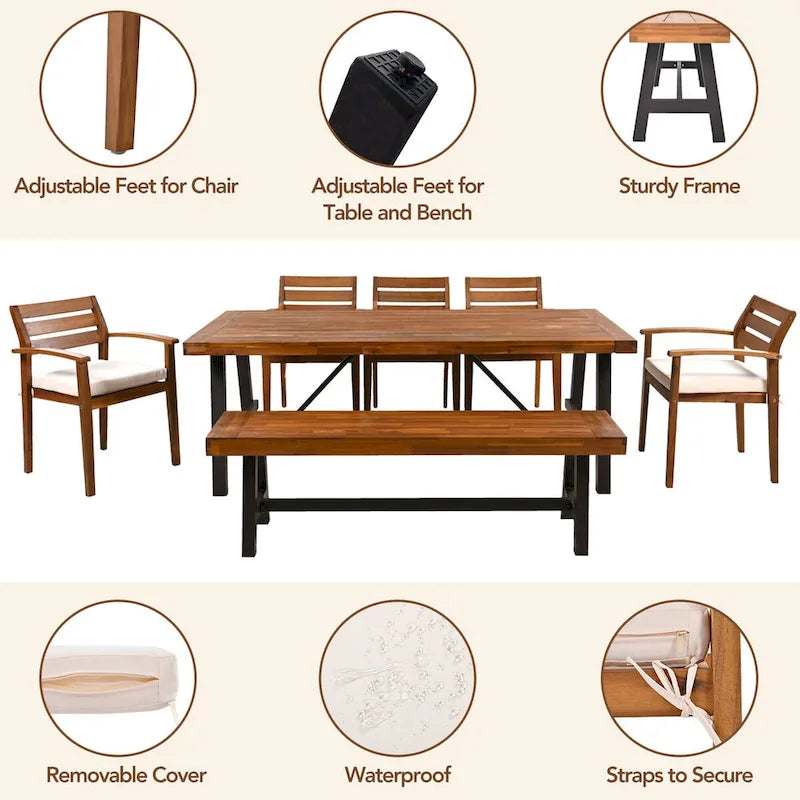 Ensemble de salle à manger d'extérieur en bois avec coussins amovibles, chaises ergonomiques et banc