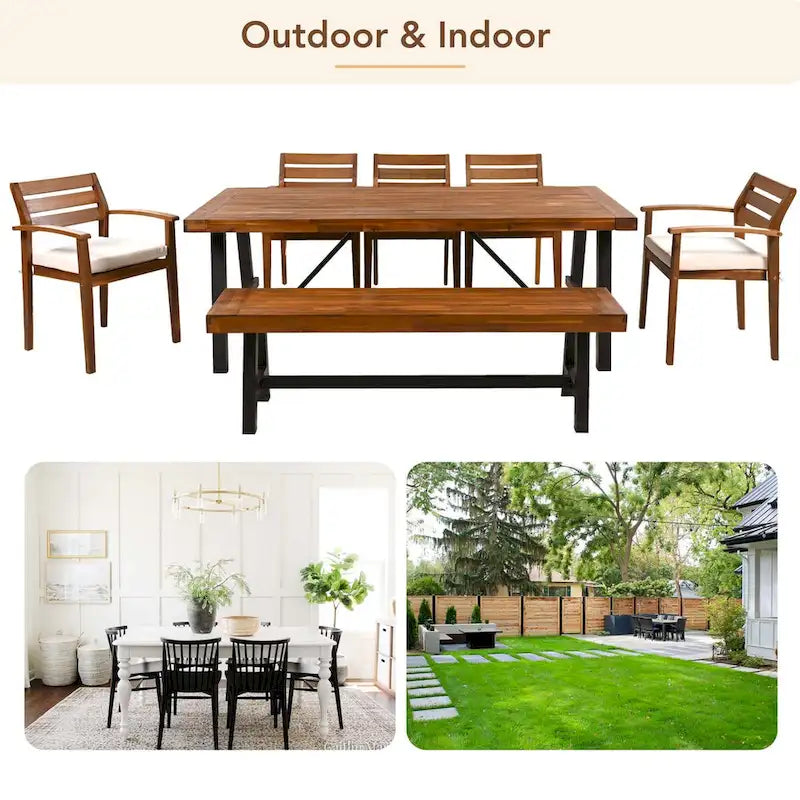 Ensemble de salle à manger d'extérieur en bois avec coussins amovibles, chaises ergonomiques et banc
