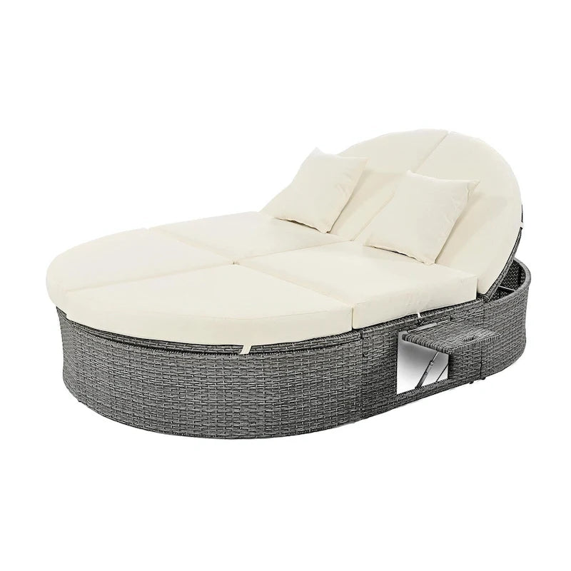 Lit de jour de terrasse en rotin avec coussins, méridienne inclinable, plateaux pliables