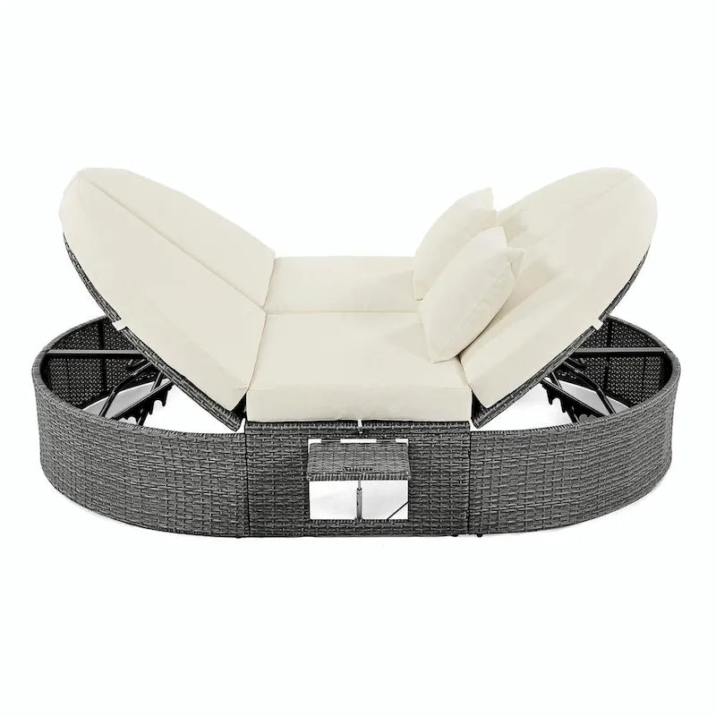 Lit de jour de terrasse en rotin avec coussins, méridienne inclinable, plateaux pliables