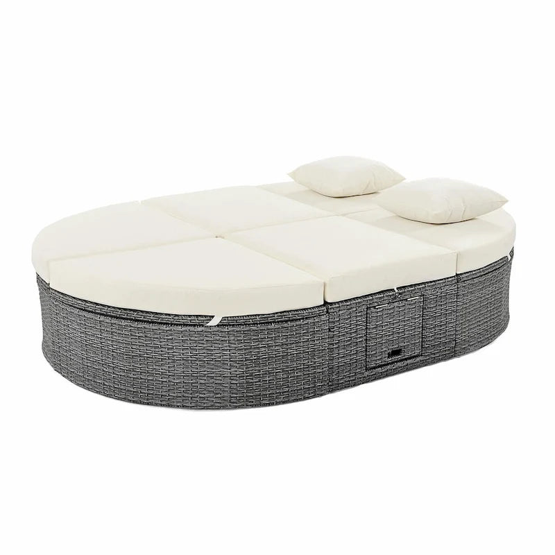 Lit de jour de terrasse en rotin avec coussins, méridienne inclinable, plateaux pliables