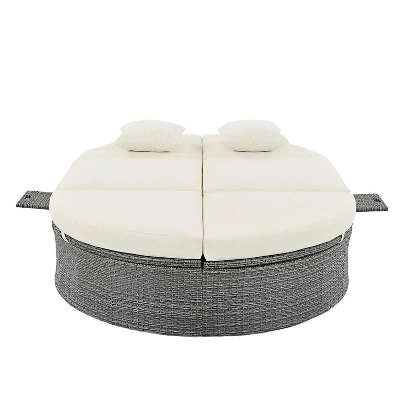 Lit de jour de terrasse en rotin avec coussins, méridienne inclinable, plateaux pliables
