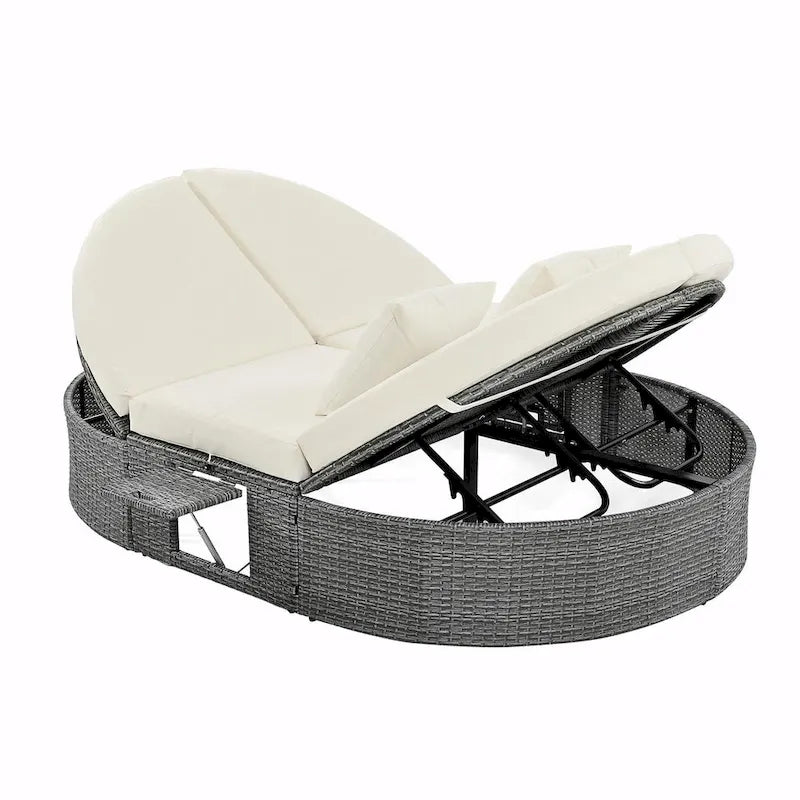 Lit de jour de terrasse en rotin avec coussins, méridienne inclinable, plateaux pliables