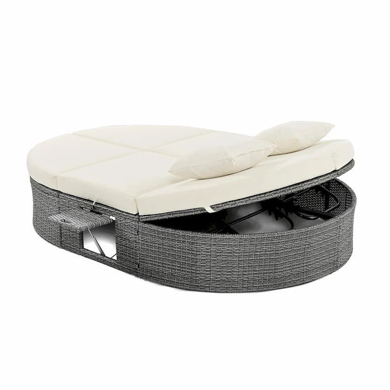 Lit de jour de terrasse en rotin avec coussins, méridienne inclinable, plateaux pliables
