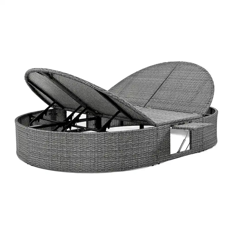 Lit de jour de terrasse en rotin avec coussins, méridienne inclinable, plateaux pliables