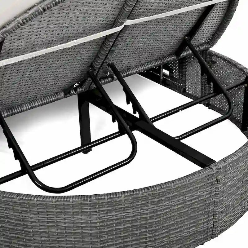 Lit de jour de terrasse en rotin avec coussins, méridienne inclinable, plateaux pliables